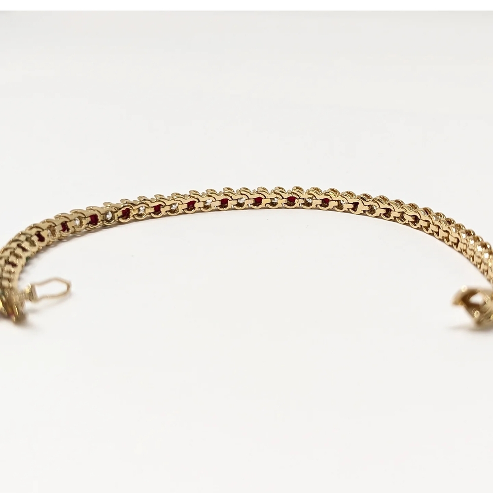 Sterling Silver 925 Gold Tennis Bracelt With Clear And Red Gemstones - Picture 4 of 5